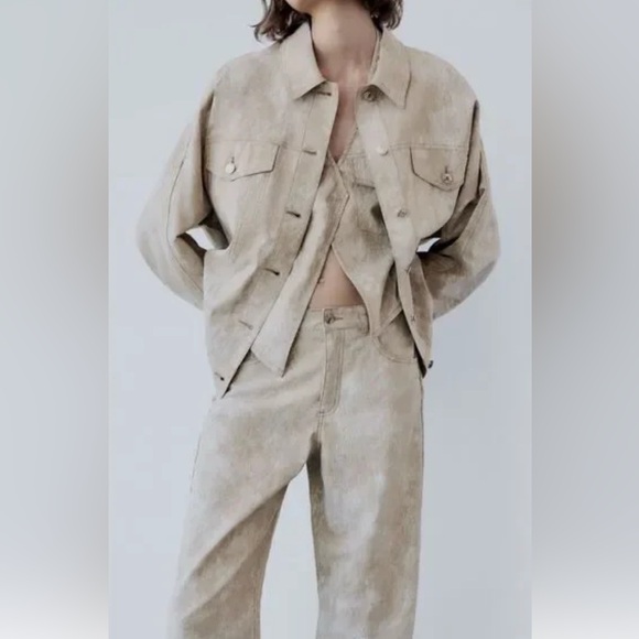 Zara Printed Oversized Linen Blend Jacket Women’s Size S-XS Brown Beige - Picture 1 of 9